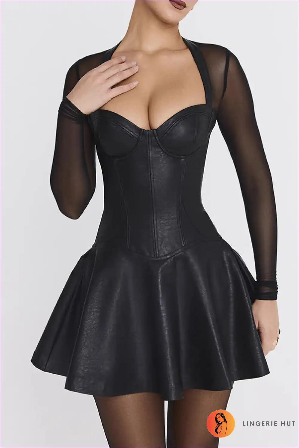 Faux Leather Cut-out Mini Dress with Lace Patchwork - Confident Cool for a Line, Clubwear, Cutout, Evening