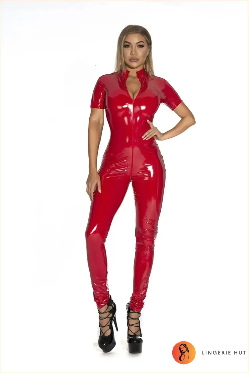 Faux Leather Catsuit Jumpsuit with Front Zipper - Bold but Wearable - Red1 / s - Clothing • Clubwear • Latex • Lingerie