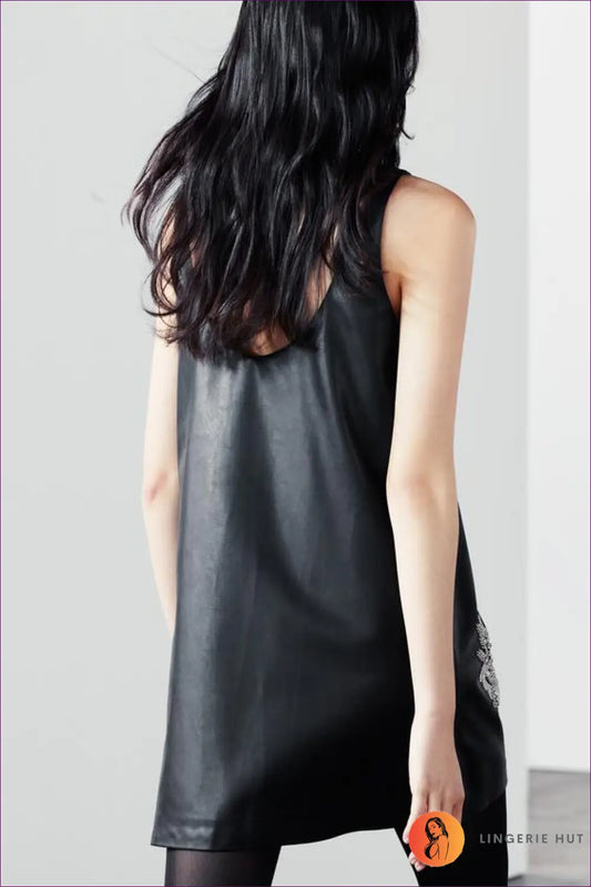 Faux Leather Mini Dress with Beading - Effortless City Glam - Dresses - Lingerie Hut - A-line • All Season • Autumn