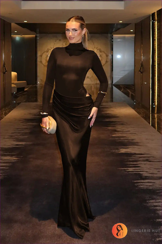 Faux Two-piece Cut-out Maxi Dress for Autumn, Bodycon, Cutout, Evening Wear,