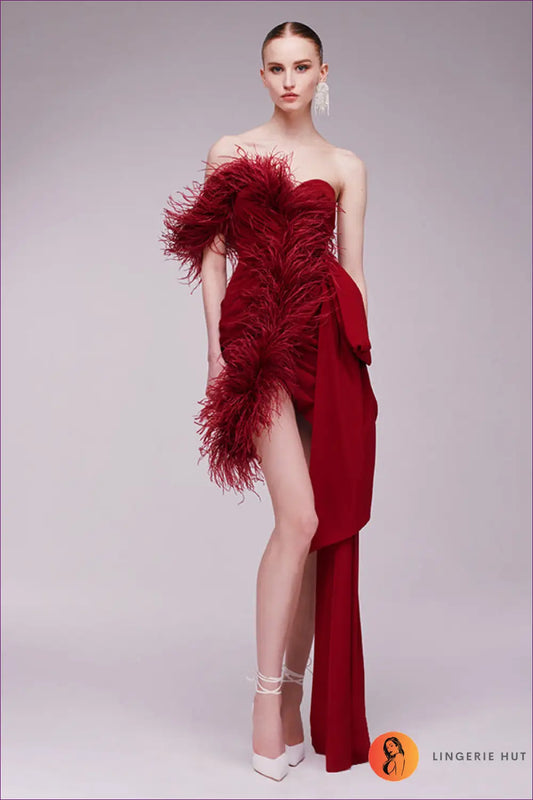 Feather Asymmetric Mini Dress - Side Drape - s / Burgundy - Bodycon • Elegant • just in • Girlsdy