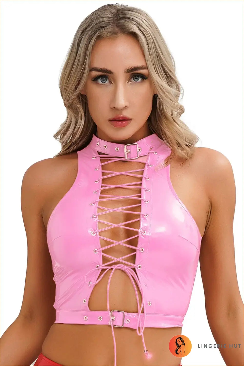 Latex Lace-up Crop Top - not your Basic Statement Piece - Pink / s - Clothing • Cutout • Glamour • Night out - Lingerie