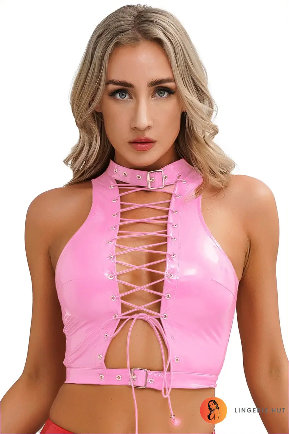 Latex Lace-up Crop Top - not your Basic Statement Piece - Pink / s - Lingerie - Hut - All Season • Clubwear • Cutout