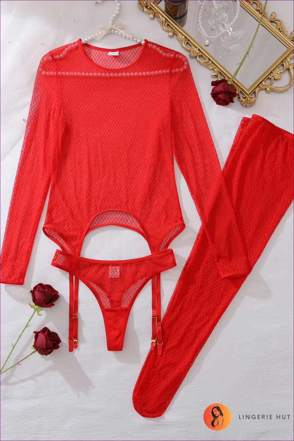 Fishnet Long Sleeve Bodysuit with Garter Detail - Statement Evenings - s / Red - Clothing • Clubwear • Cutout • Date