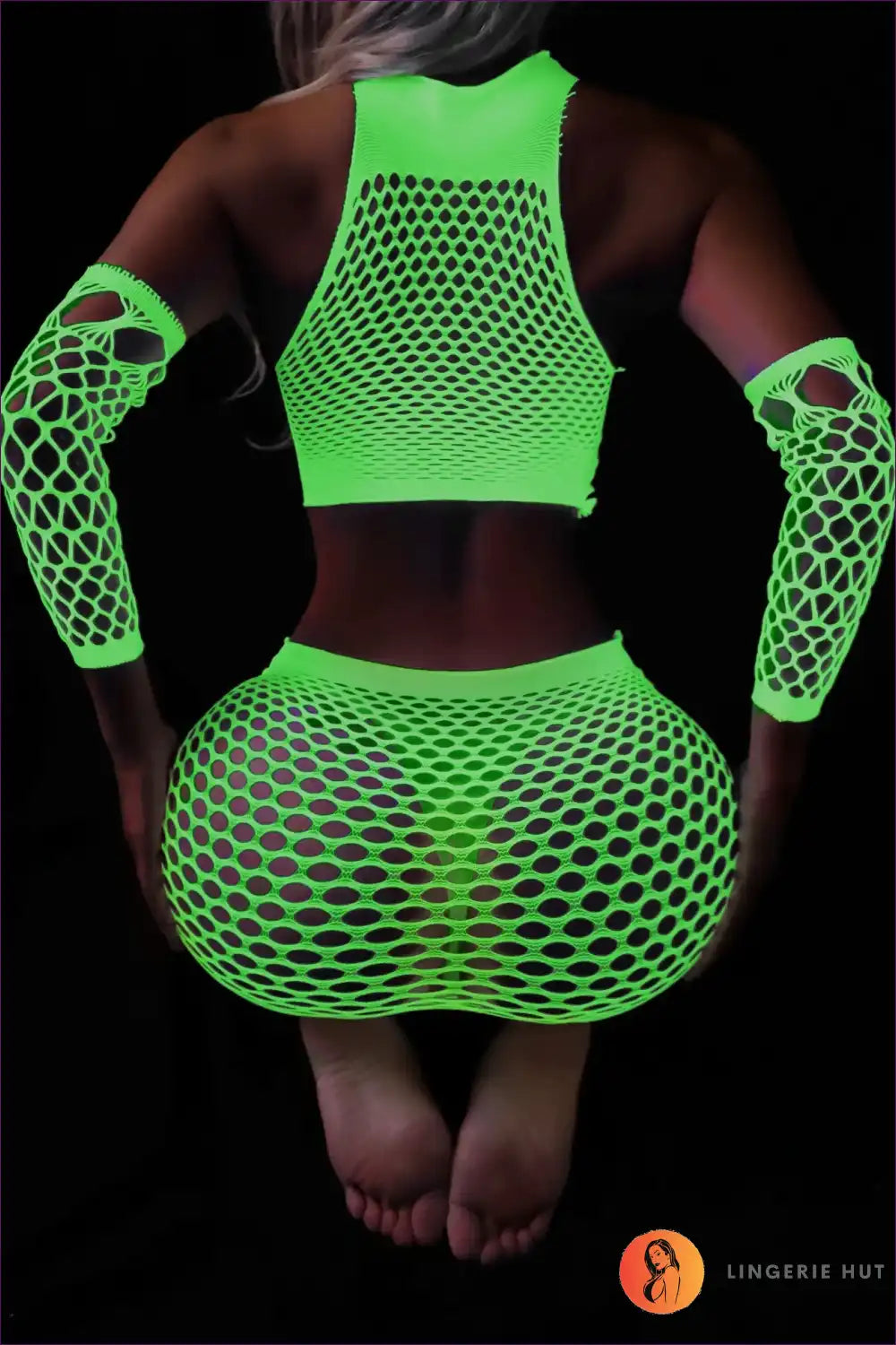 Fishnet Two Piece Set with Neon Glow - Festival Statement Style for Clubwear, co Ord, Crop, Evening Wear,