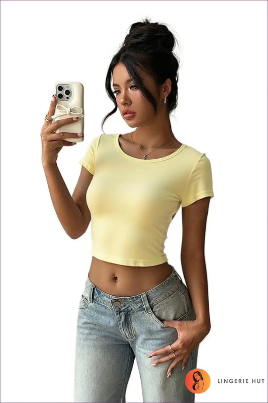 Fitted Crop Top with Crew Neck - Effortless Summer Layers - s / Yellow - Lingerie Hut - All Season • Casual • Everyday