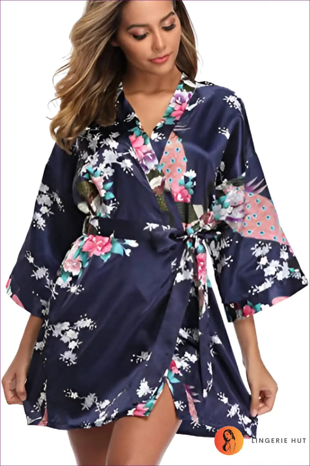 Elevate Your Style With Our Floral 3/4 Sleeve Belted Robe. Multicolored Florals, Loose Fit, And Breathable