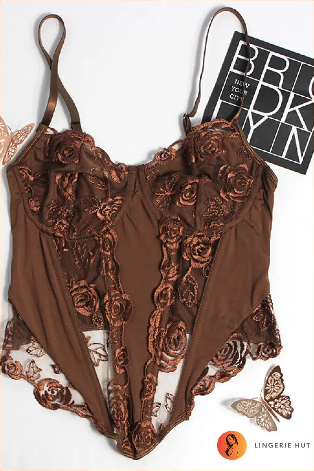 Floral Embroidery Boned Corset Top - Effortless Evening Glamour - Xs / Coffee - Lingerie • Mesh - Hut