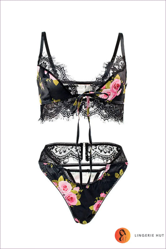 Floral Lace Bra Set with Tie Front - Effortless Romance - s / Black - Lingerie Hut - Boudoir • Cutout • Date Night