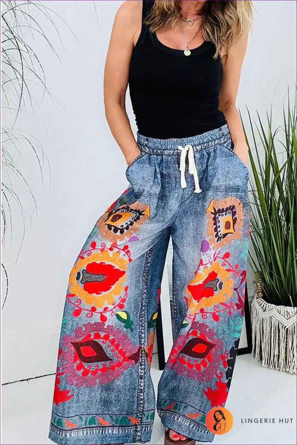 Floral Lace-up Imitation Denim Pants - Casual Summer Vibes