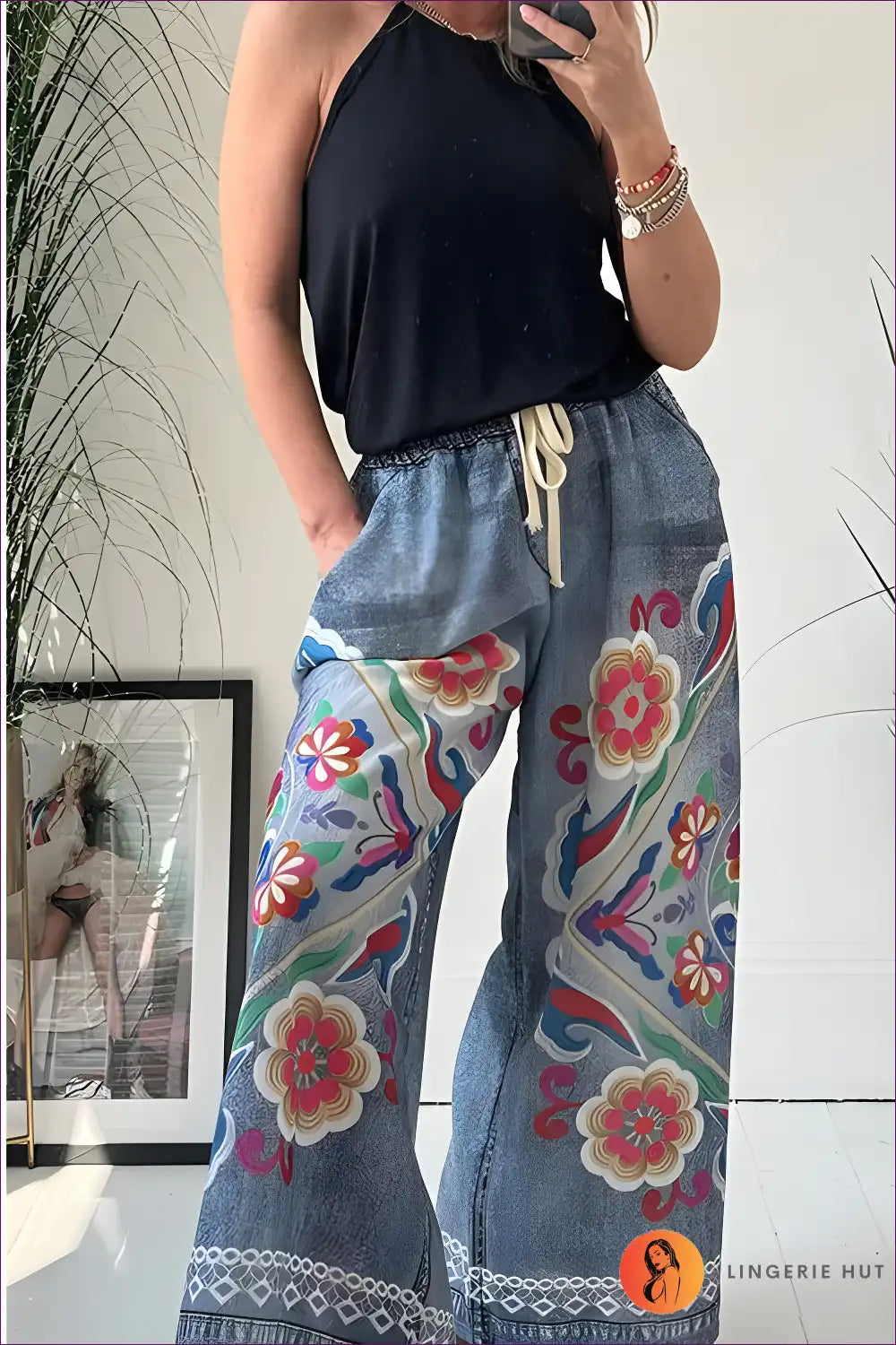 Floral Lace-up Imitation Denim Pants - Casual Summer Vibes