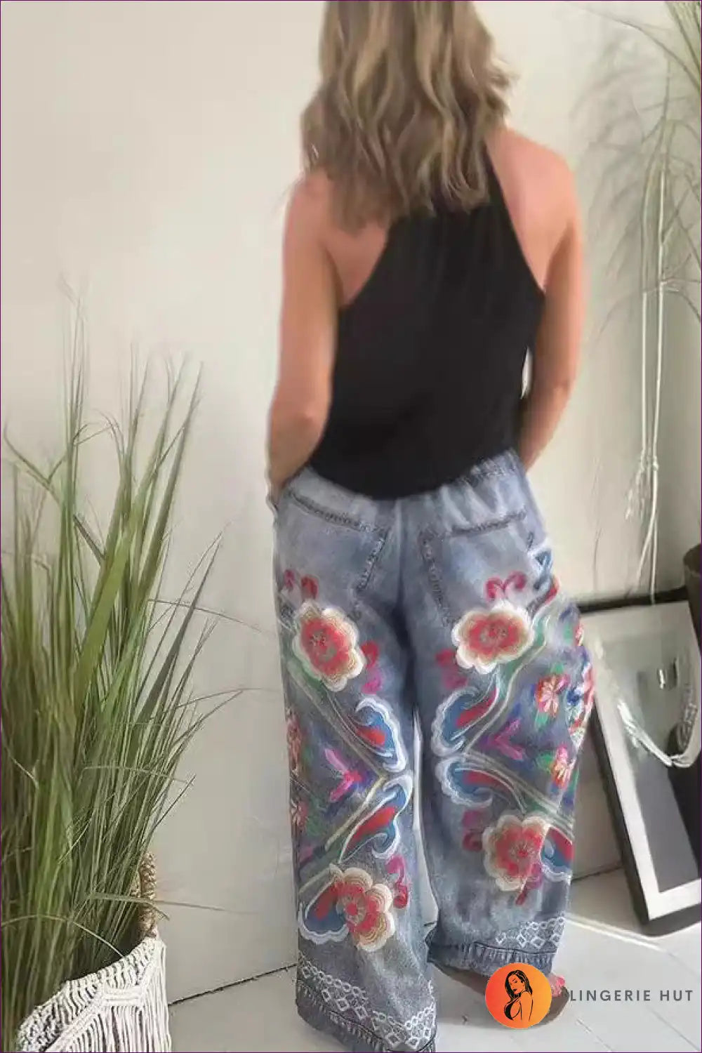 Floral Lace-up Imitation Denim Pants - Casual Summer Vibes