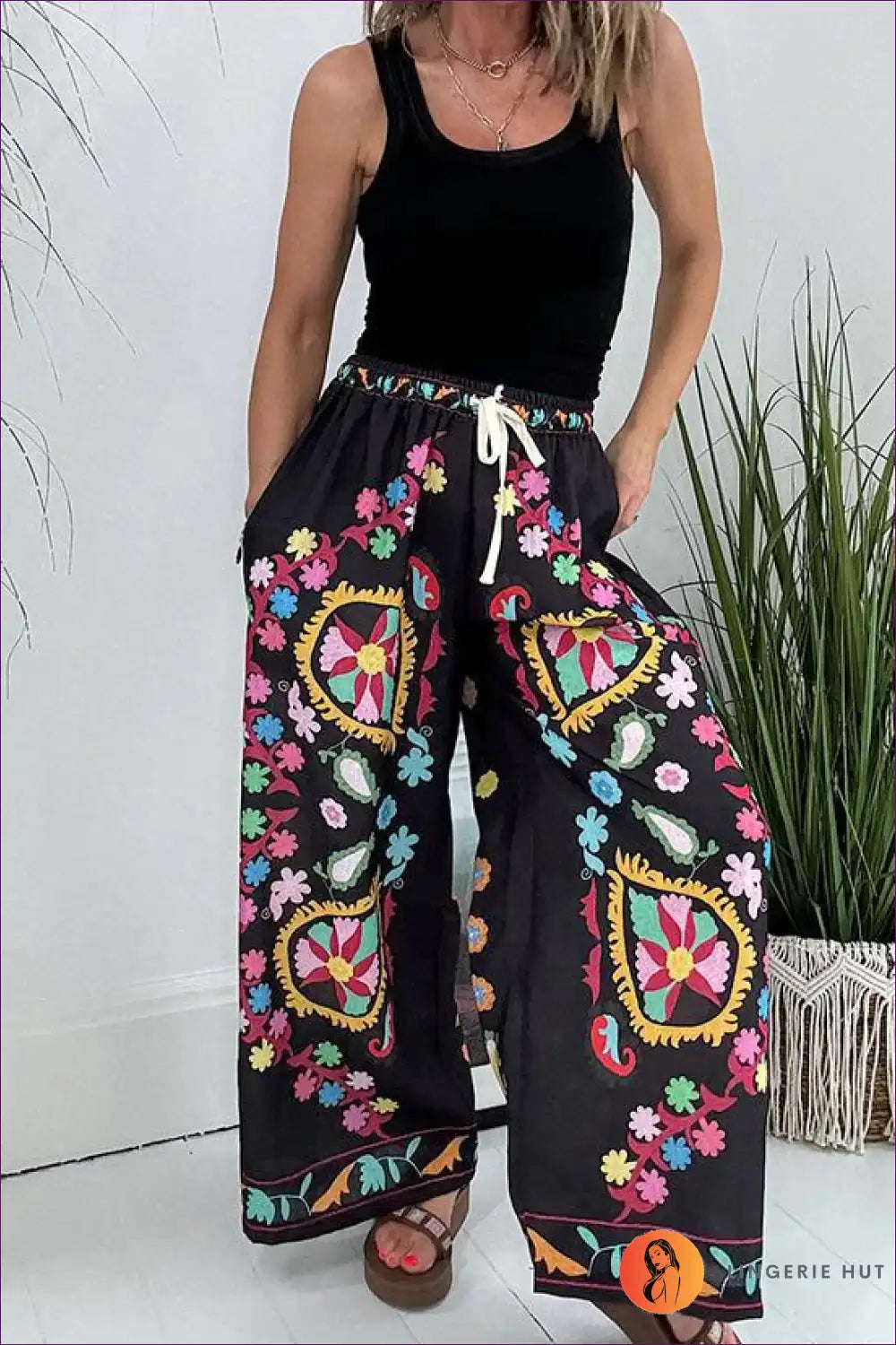 Floral Lace-up Imitation Denim Pants - Casual Summer Vibes
