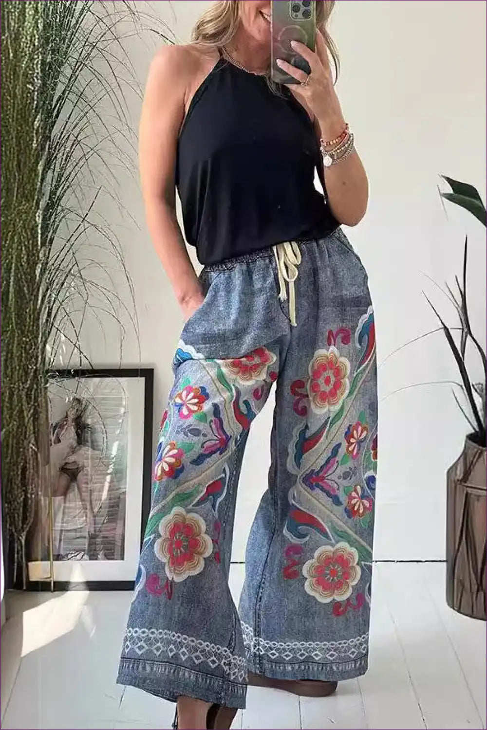 Floral Lace-up Imitation Denim Pants - Casual Summer Vibes