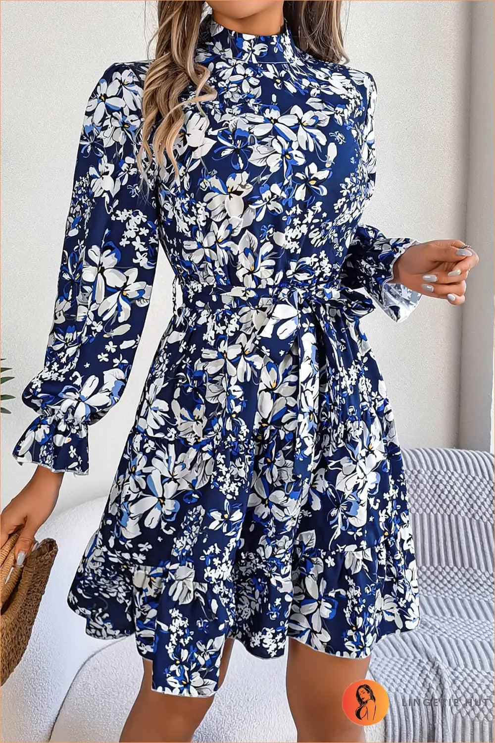 Floral A-line Mini Dress - Understated Elegance - s / Navy Blue - Dresses - Autumn • Casual • Everyday - Lingerie Hut