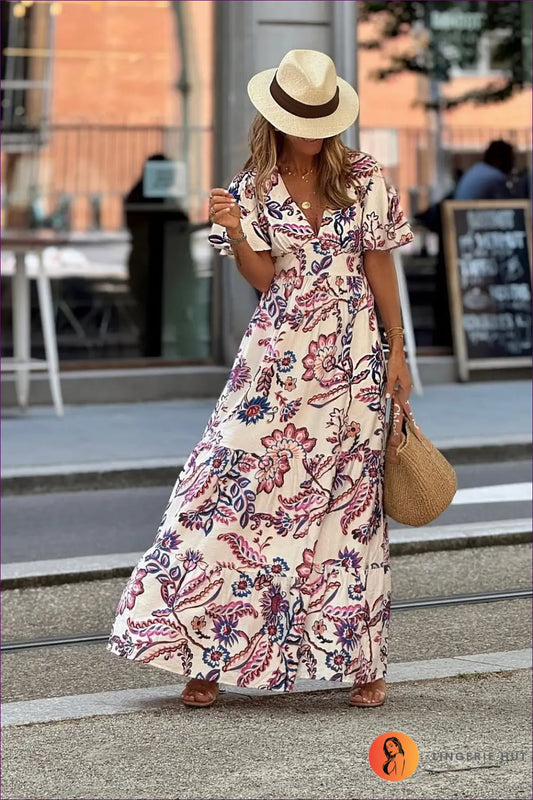 Floral Maxi Dress with Ruffle Sleeves - Vacation Ready Style - s / Multi - Dresses - Lingerie Hut - A-line • Boho
