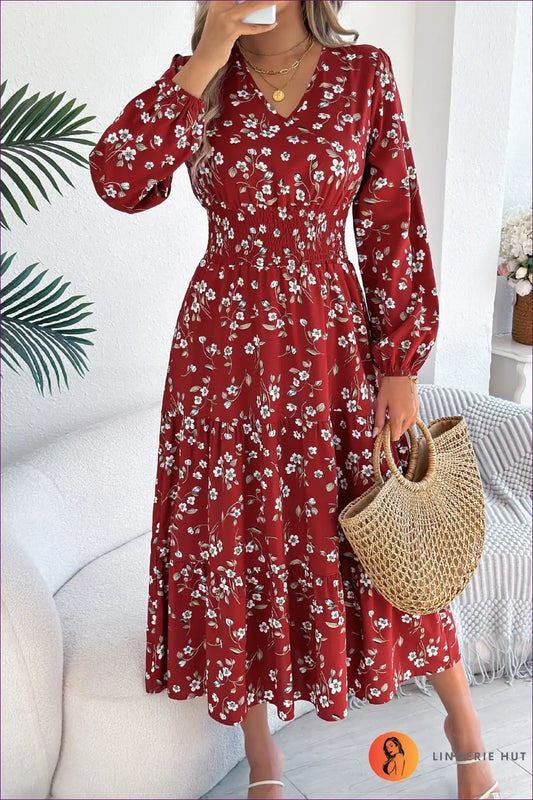 Floral Midi Dress with Smocked Waist - Romantic Charm - s / Burgundy - Dresses - Lingerie Hut - A-line • Boho • Casual