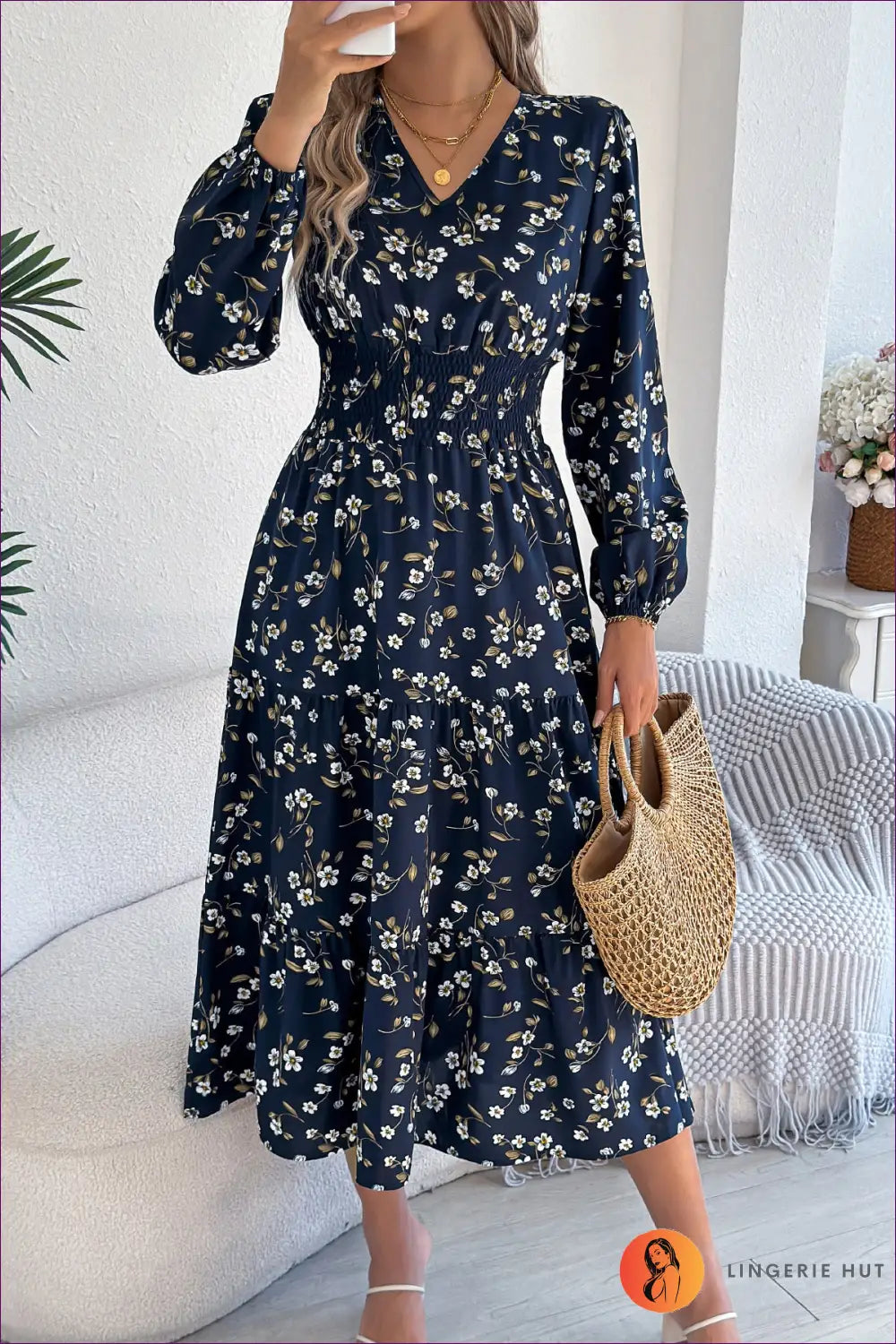 Floral Midi Dress with Smocked Waist - Romantic Charm - s / Navy Blue - Dresses - Lingerie Hut - A-line • Boho • Casual