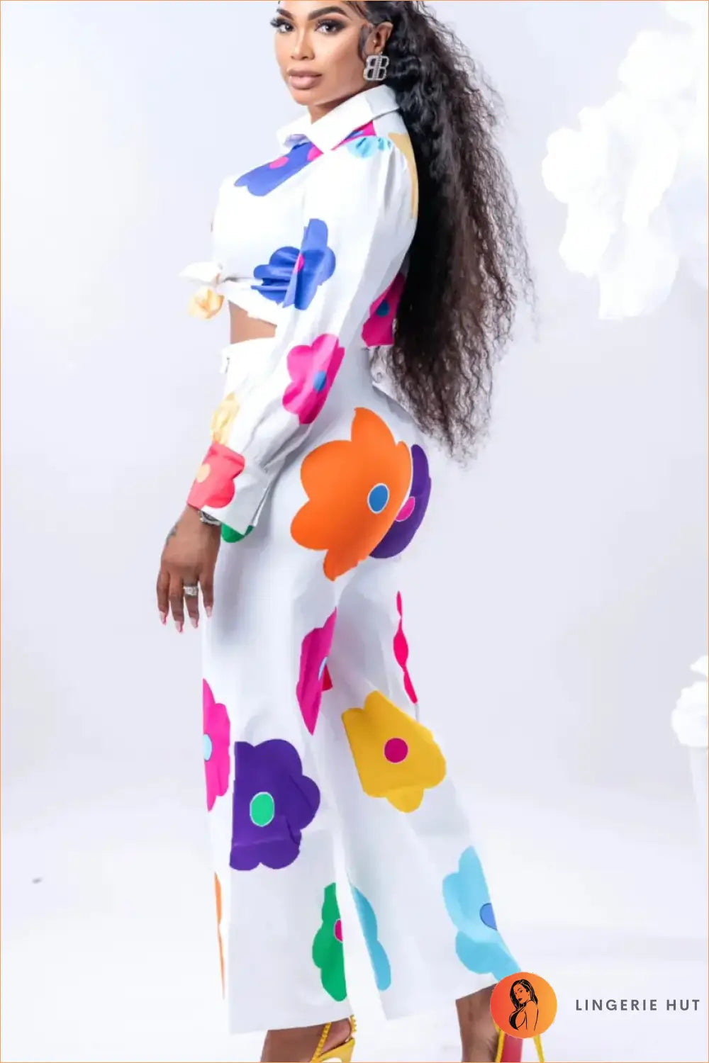Floral co Ord Blouse & Pants Set - Effortless Elegance - Autumn • Casual • Clothing • Crop - Lingerie Hut