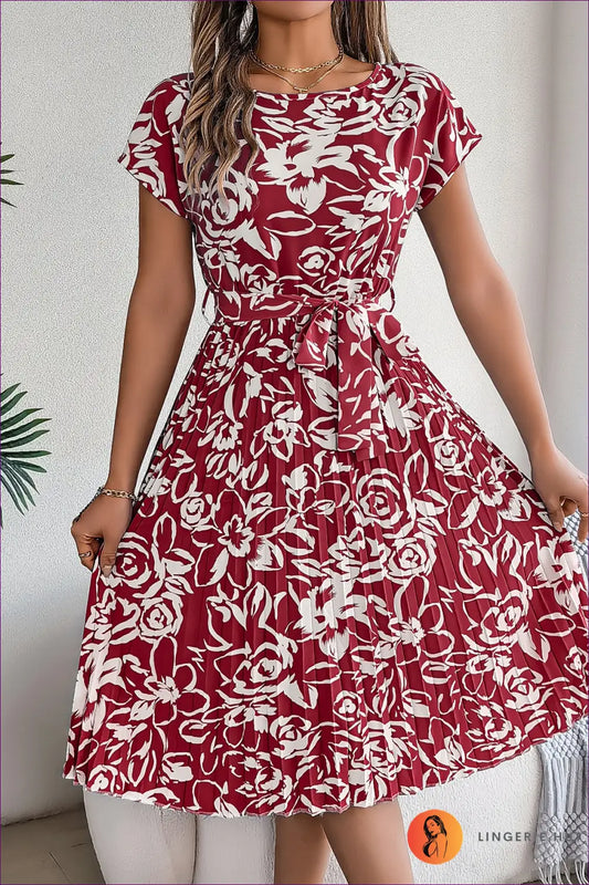 Floral Pleated Midi Dress - Garden Party Ready - s / Burgundy - Dresses - Lingerie Hut - A-line • Casual • Chiffon