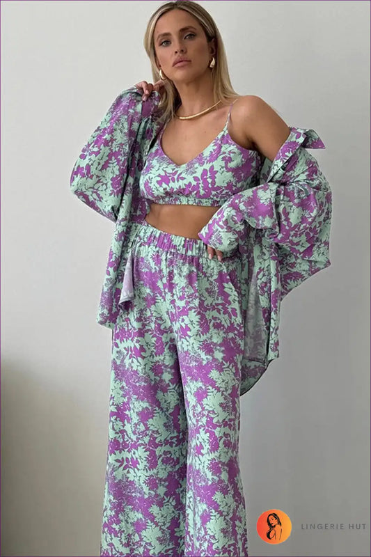 Floral Print Three-piece Lounge Set - Vibrant & Cozy for Casual, co Ord, Everyday, Glamour,