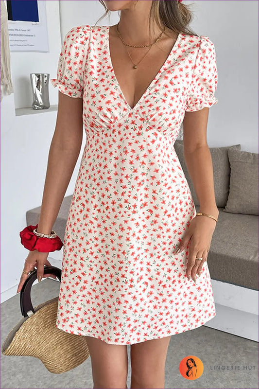 Floral Puff Sleeve Mini Dress with v Neck - Summer Sweetness - s / Red - Dresses - Lingerie Hut - A-line • Boho