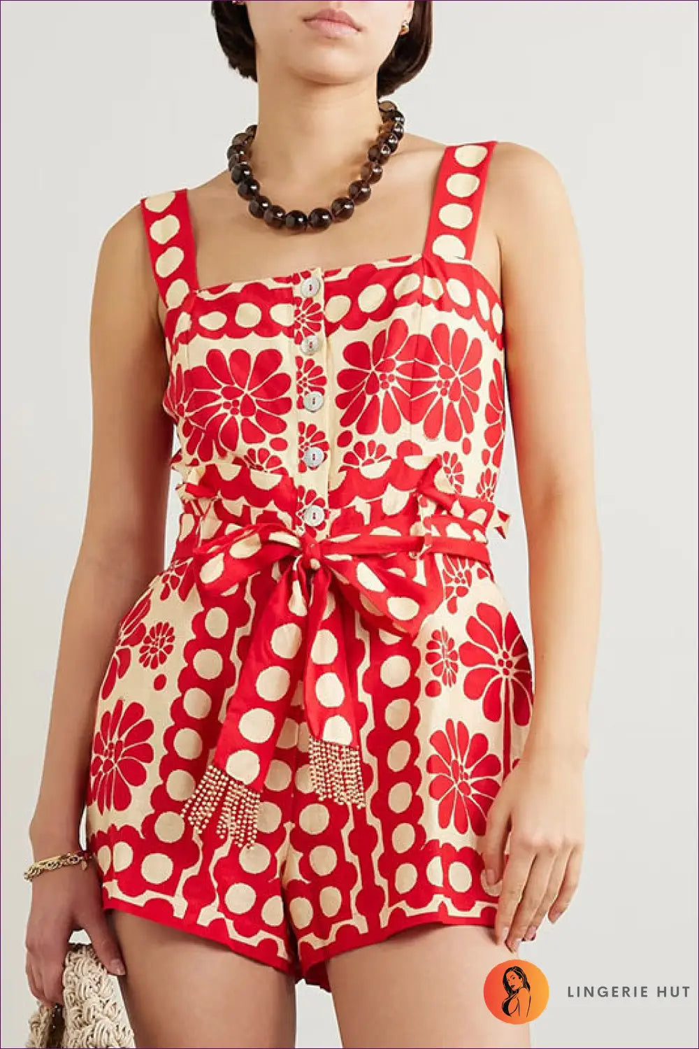Floral Button Front Playsuit - Effortless Summer Ease - s / Red - Belted • Boho • Button Front • Casual • Clothing