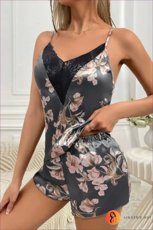 Floral Satin Pajama Set with Lace Trim - Summer Homewear - s / Gray Background Printing - Pyjama - Lingerie Hut
