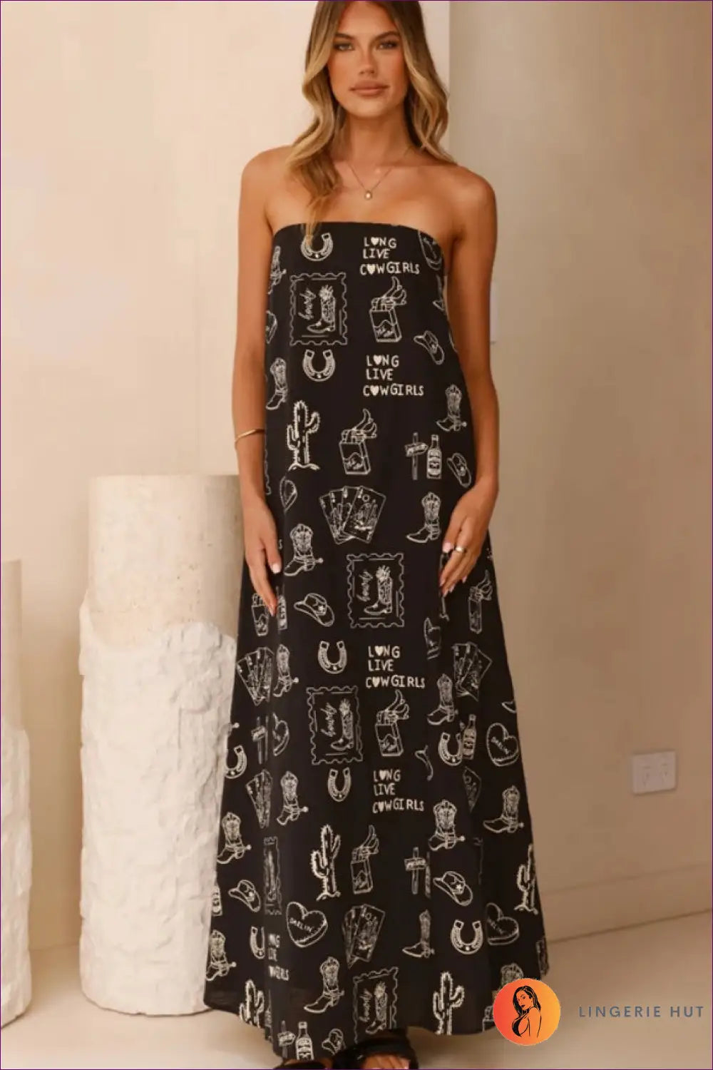 Floral Strapless Maxi Dress with Swing Hem - Vacation Daydream - s / Black - Dresses - Lingerie Hut - A-line