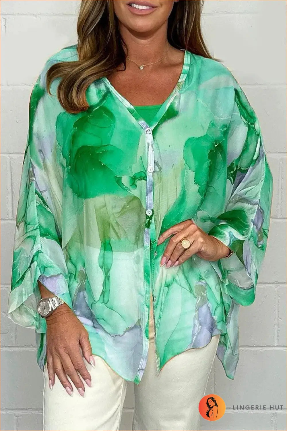 Flowy Watercolour Blouse - Effortless Summer Cool - s / Green - Top - Boho • Casual • Chiffon • Clothing • Everyday
