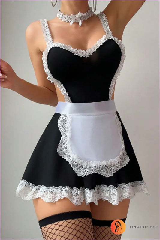 French Maid Costume with Lace Trim and Choker - Playful Discipline - Lingerie Hut - Boudoir • Evening Wear • Lace