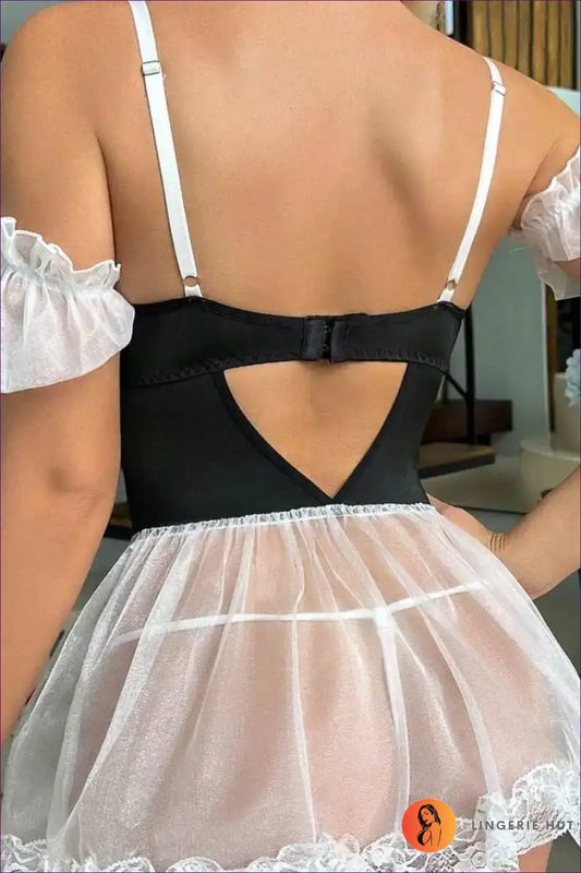 French Maid Costume with Sheer Skirt - Fantasy Roleplay Ready - Corset - Lingerie Hut - Boudoir • Evening Wear • Lace