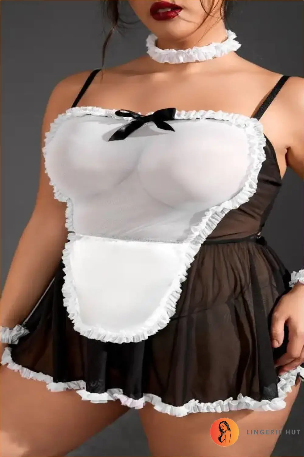 French Maid Costume with Sheer Apron - Fantasy Roleplay Ready - Outfit Set - Mesh • Party • Plus Size - Lingerie Hut