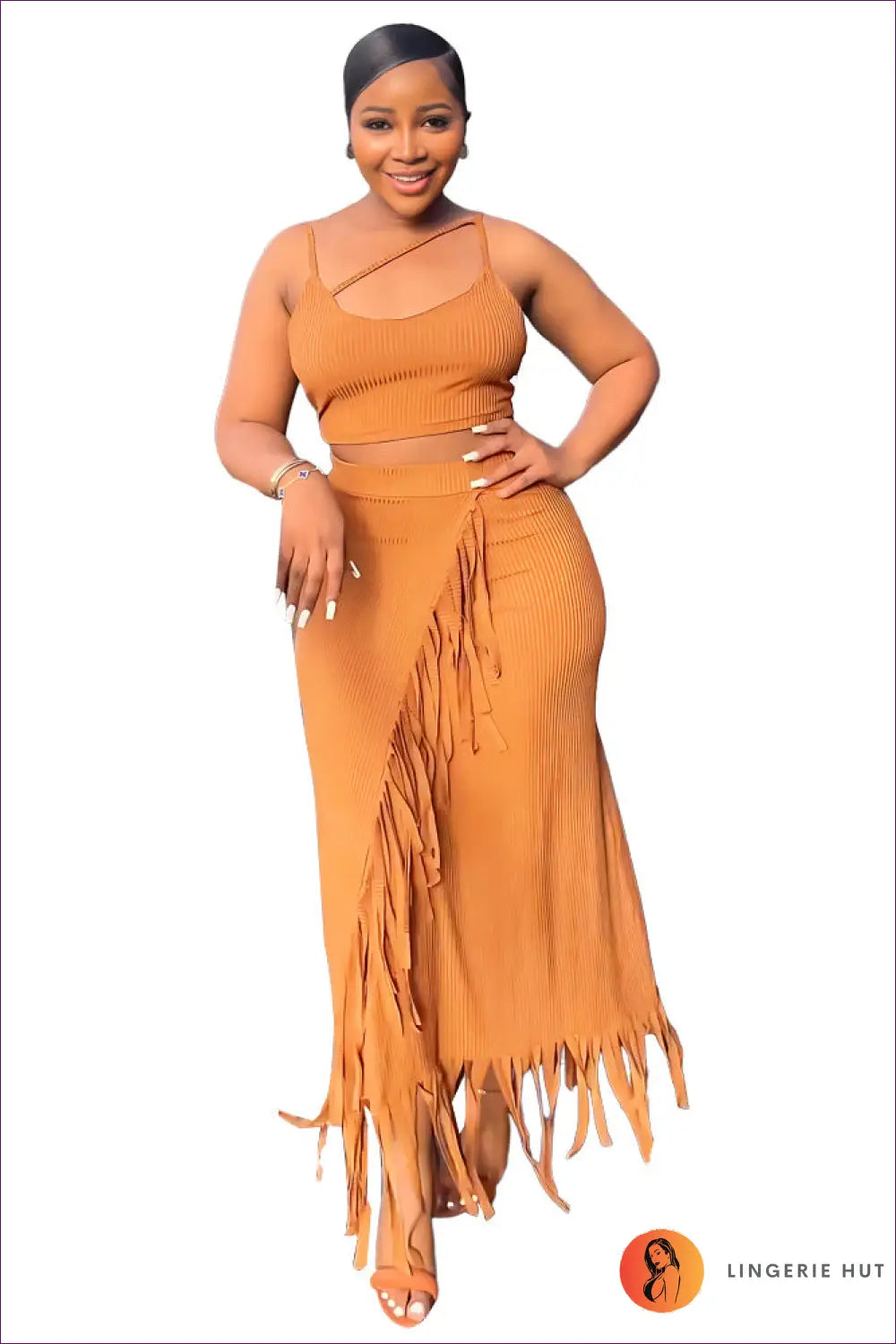 Fringed Crop Top & Maxi Skirt co Ord - Boho Summer Ready - s / Orange - Beachwear • Casual • Clothing • Lingerie Hut