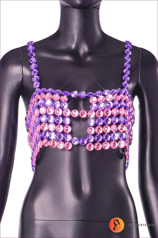 Gem Embellished Crop Top - Statement Nightlife Energy - one Size / Purple Splicing Pink - Lingerie Hut - All Season