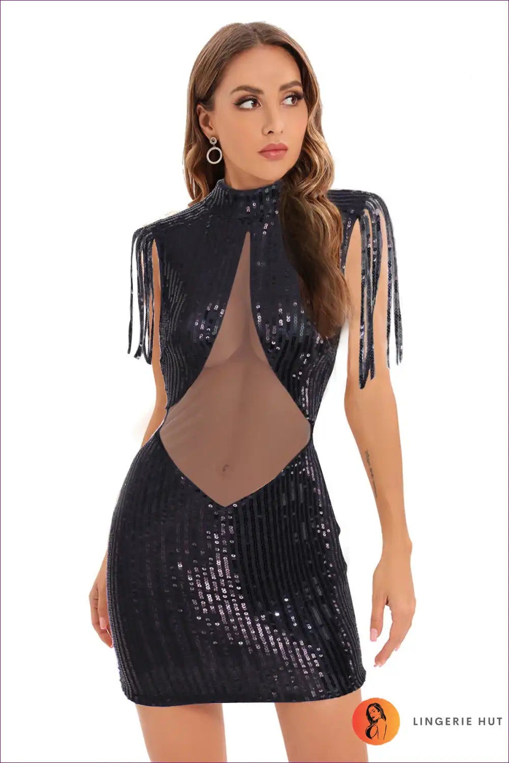 Glam Sequin Bodycon Dress - Sexy Elegance with Intricate Lace Details s / Black Dresses Free Shipping 30 Day Hassle