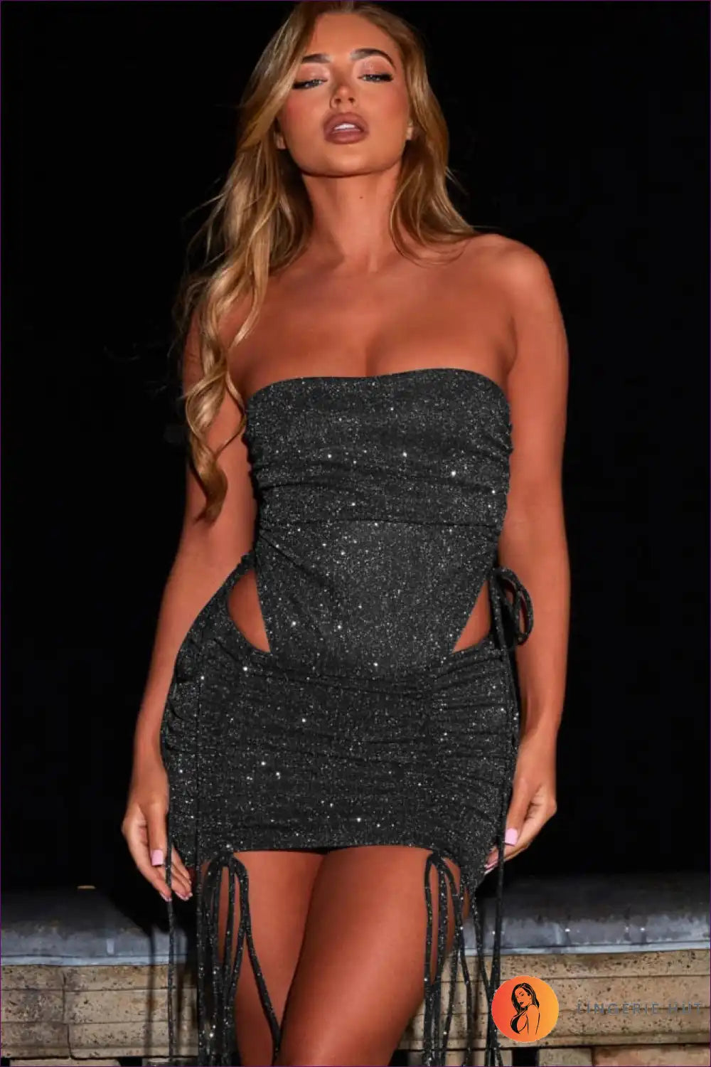 Make a Dazzling Entrance With Our Glitter Detail Strapless Bodysuit & Mini Skirt Set. Designed To Make You