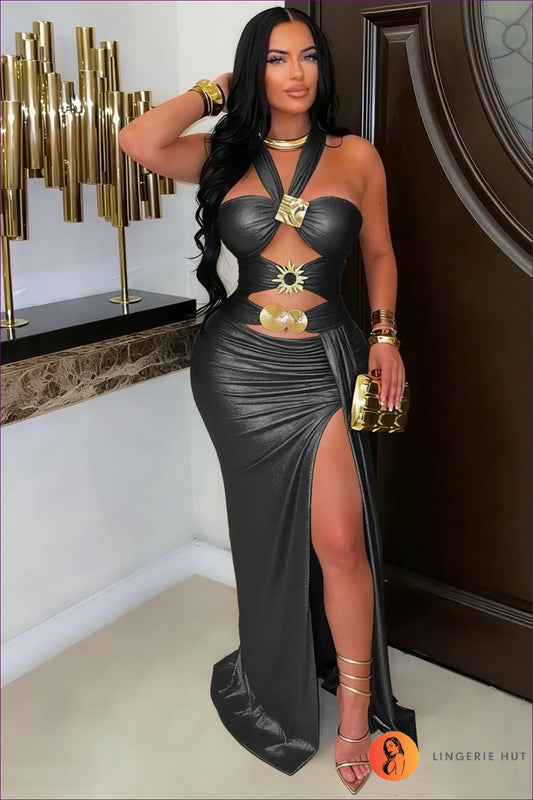 Gold Cut-out Halter Maxi Dress - High Slit - Bodycon • Clubwear • Cutout • Miss Siss