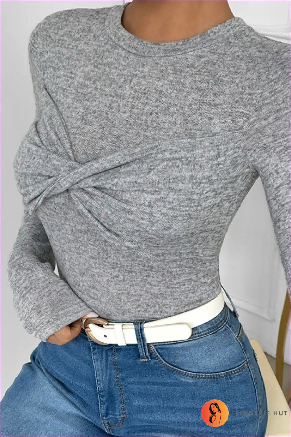 Grey Twist-front Long Sleeve Top ?? Effortless Chic for Autumn, Bodycon, Casual, Everyday, Glamour