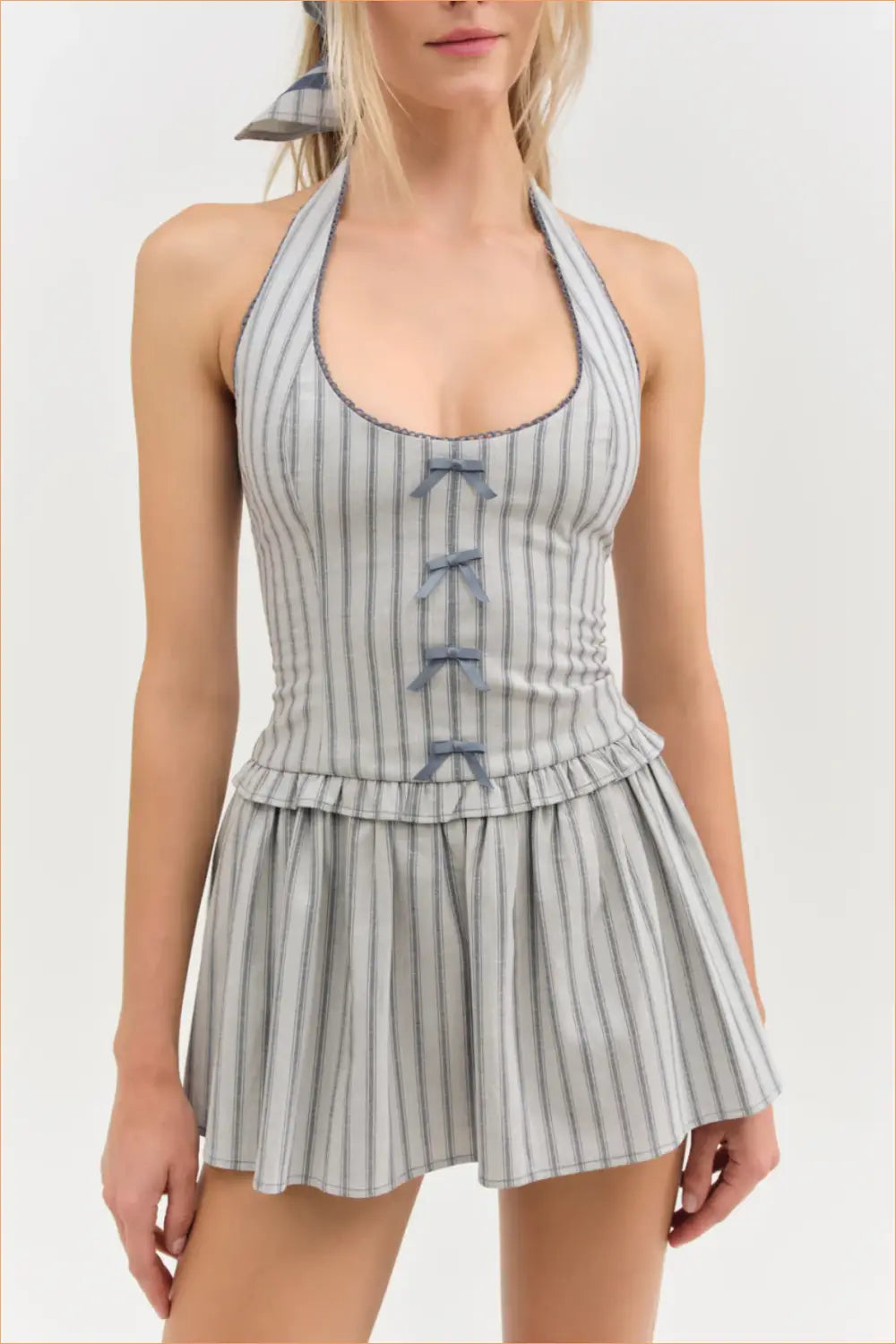 Halter Stripe Mini Dress - Effortless Vintage Style - Dresses - A-line • Casual • Everyday • Glamour - Lingerie Hut