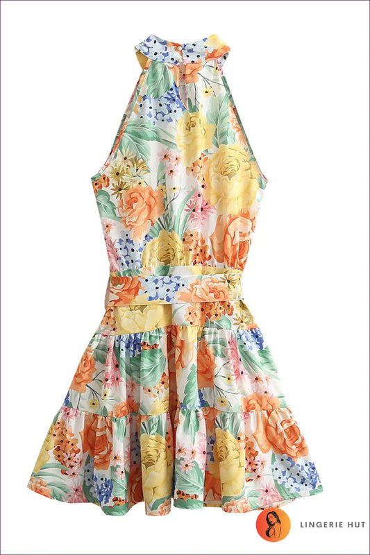 Halter Dress with Tropical Print - Island Escape for A-line, Casual, Cutout, Dress, Everyday