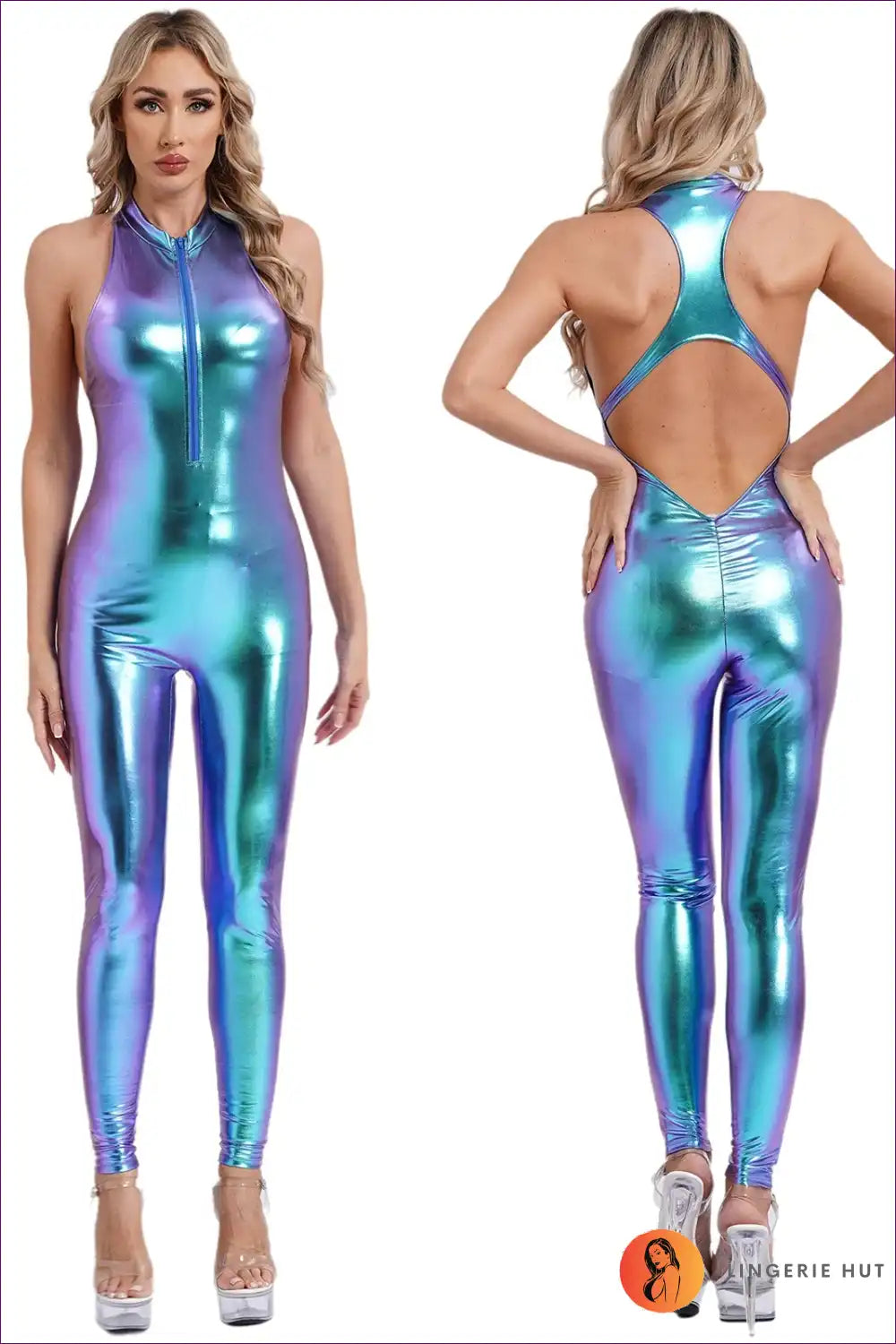 Halter Jumpsuit with Metallic Finish - After-dark Energy for Bodycon, Clubwear, Cutout, Evening Wear, Formal