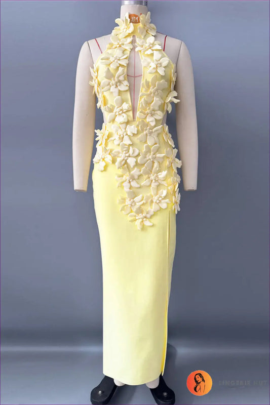 Halter Maxi Dress with 3d Floral Appliqué - Modern Romance - s / Yellow - Dresses - Lingerie Hut - Cutout • Evening