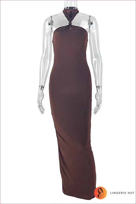 Halter Maxi Dress with Ruched Bodice - Evening Confidence - s / Dark Brown - Dresses - Lingerie Hut - All Season
