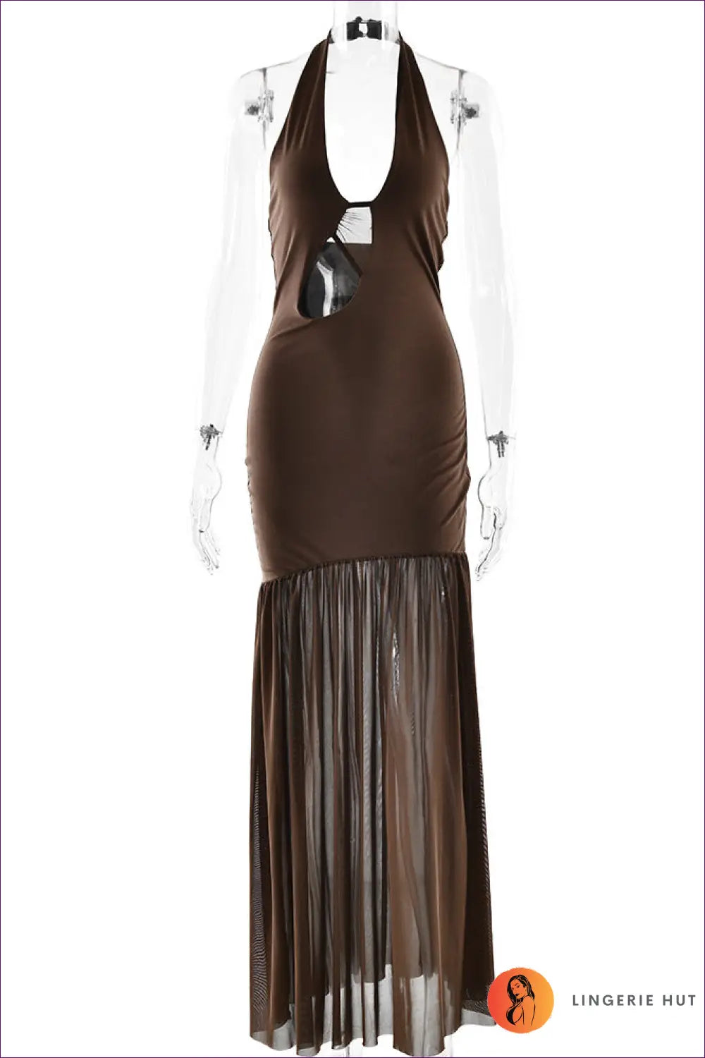 Halter Maxi Dress with Sheer Pleated Skirt - White - s / Coffee - Clothing • Cutout • Dresses • Glamour - Lingerie Hut