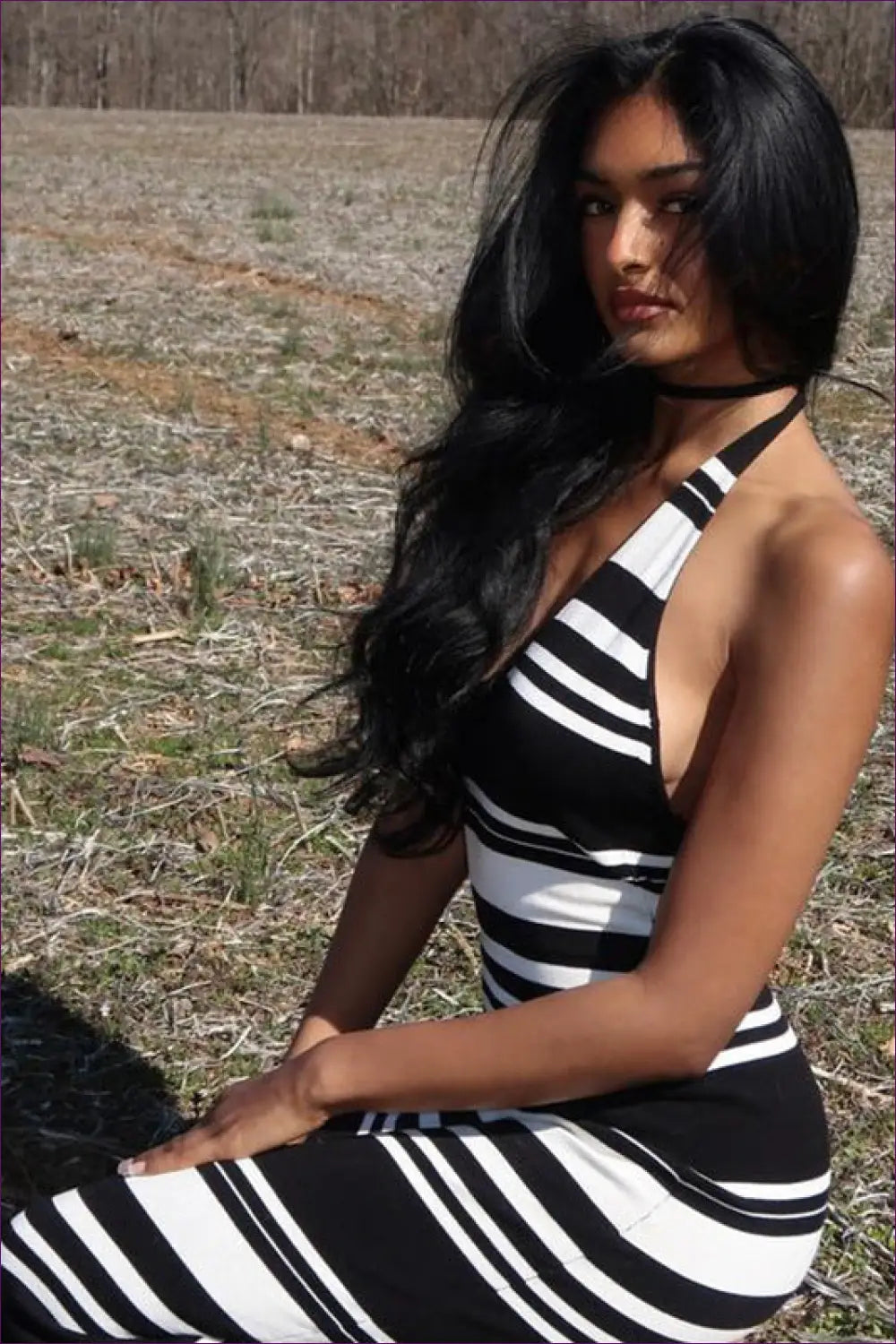 Halter Maxi Dress with Striped Panels - Summer Ease - Dresses - Lingerie Hut - Backless • Casual • Cutout • Everyday