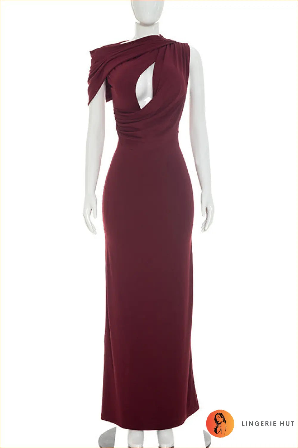 Halter Neck Backless Maxi Dress - Lace Detail Bodycon Sheath - s / Burgundy - Clubwear • Fishnet - Honeybadger