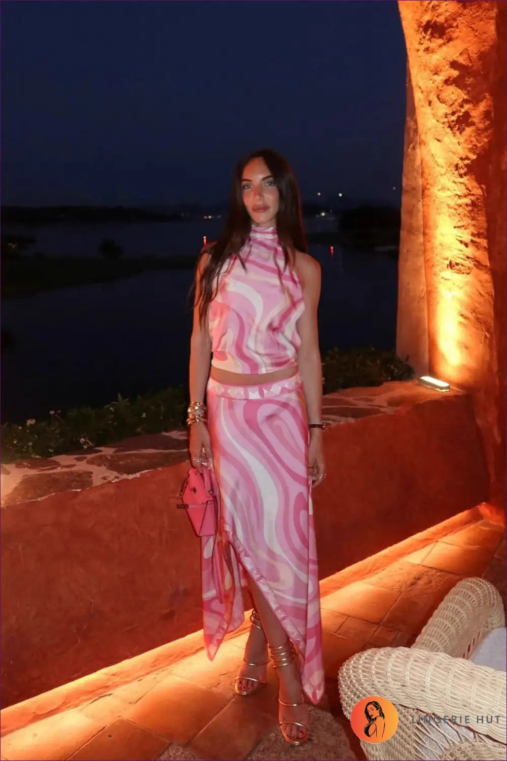 Halter co Ord Set with Handkerchief Skirt - Effortless Resort Glamour - s / Pink - Lingerie Hut - Beachwear • Cutout