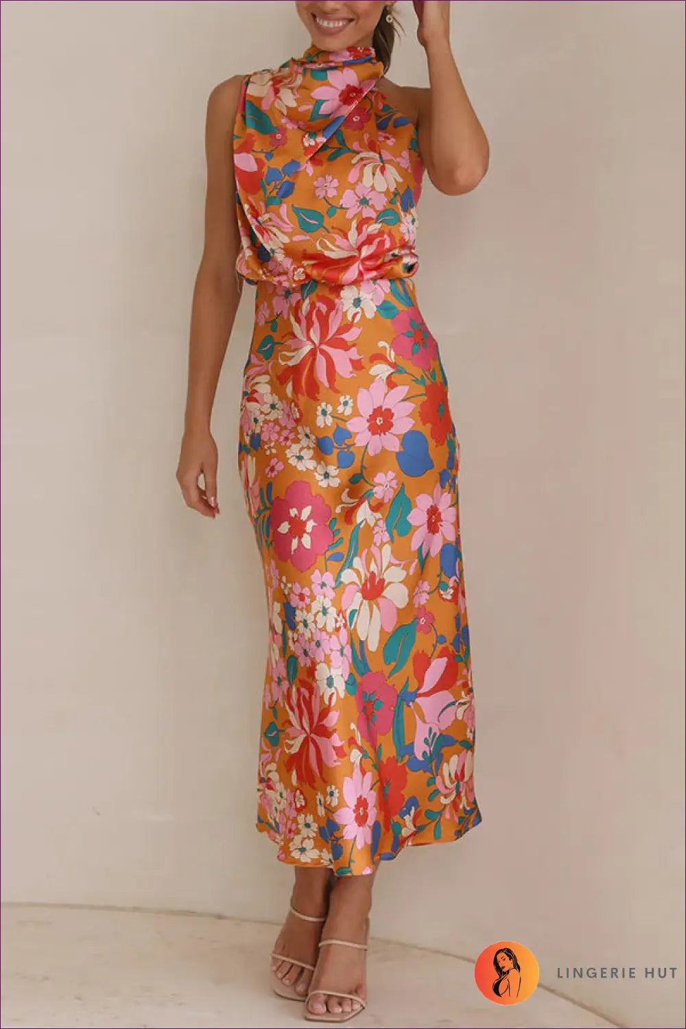 Halter Satin Floral Midi Dress - Effortless Elegance - s / Orange - Dresses - Lingerie Hut - Evening Wear • Formal