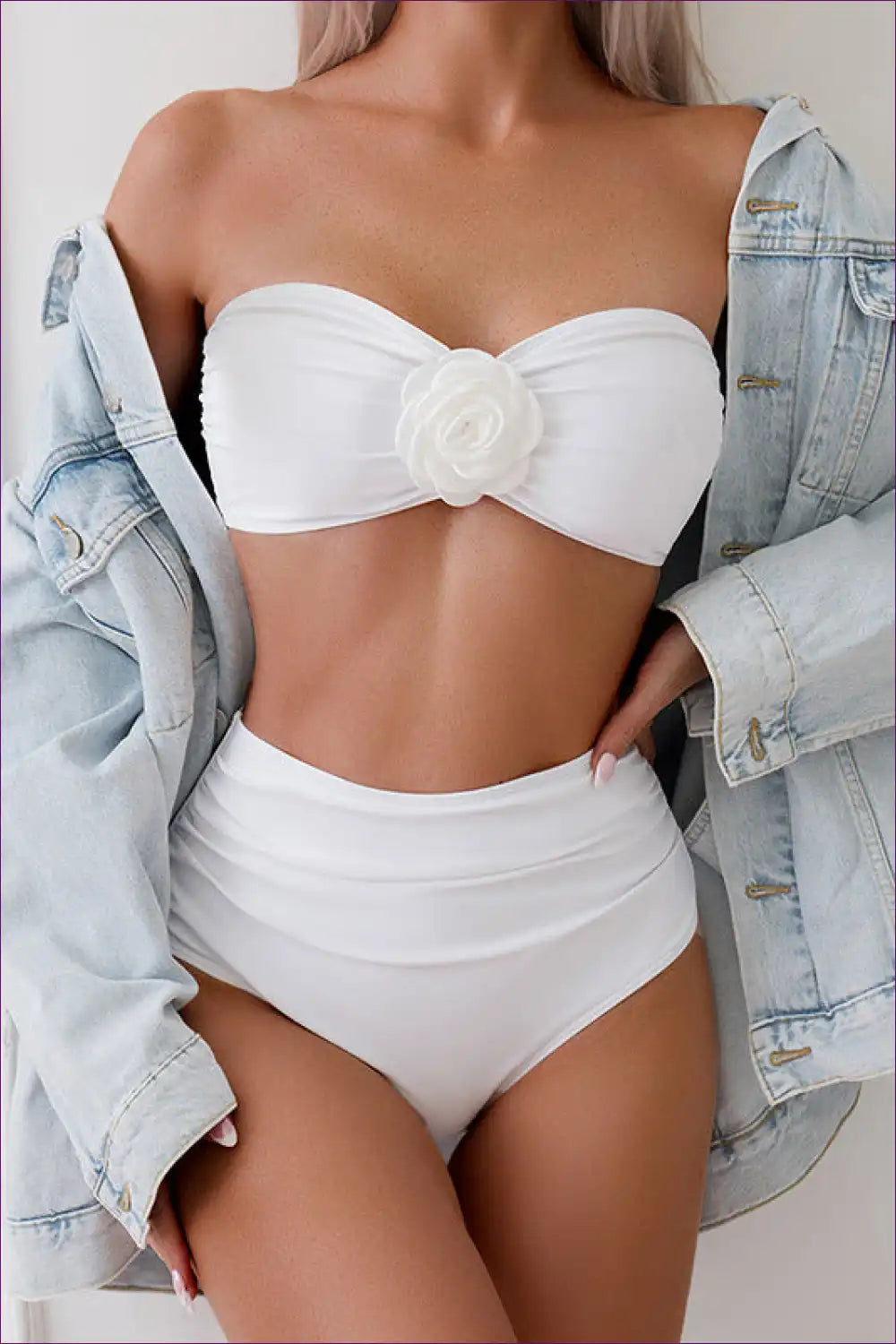 High Waist Bikini Set with Floral Appliqué for Summer Retreats Beachwear, Bikini, Casual, Crop, Everyday